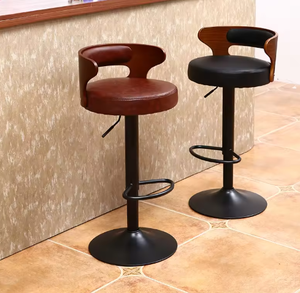 Modern <b>Vintage</b> Bar Chair with Wooden Wrap-Around Backrest, Leather Round Cushion and Black Pedestal for Cafe - Product Image 4