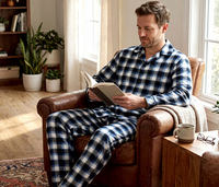 Ensemble de pyjama à carreaux pour hommes en gros – Pantalon et haut en maille brossée, vêtements de nuit et de détente décontractés deux pièces avec cordon de serrage à la taille, doux et confortable