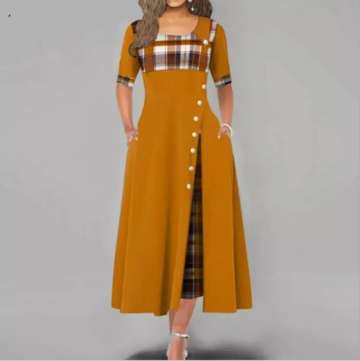 Clothing Vendors 2020 Women's Contrast Color Long Midi Big Size Dress Office Style High Quality Casual Dresses