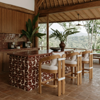 Tabouret de bar moderne en rotin naturel avec coussin et accoudoirs incurvés, chaise de bar à hauteur de comptoir pour hôtel, îlot de cuisine, café, mobilier