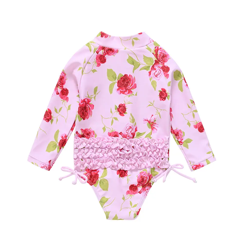 Customized 1-6T Toddler Girls Summer Casual Long Sleeve O Neck Floral Print Bodysuit Swimsuit Heart Flowers Kids Girl Swimwear