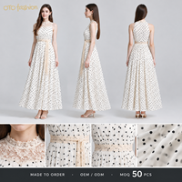 Robe longue blanche à pois pour femme, sans manches, col montant, avec dentelle, coupe évasée, romantique, vente en gros OEM, marque privée