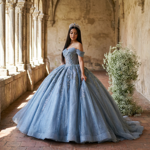 Bleu chérie robe de bal Quinceanera robes 16 fête princesse Appliques dentelle perles chapelle Train parole longueur 100% Polyester - Product Image 1
