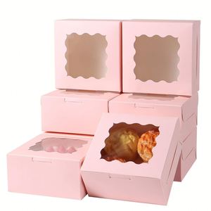 Cajas Rosas para Pastelería con Ventana Ondulada, Cajas Cuadradas para Galletas y Postres, Empaque Desechable de Cartón para Mini Pasteles, Donuts y Macarons - Product Image 1