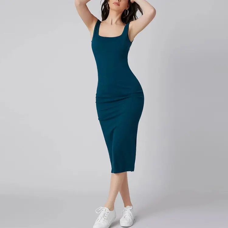Customized Summer Sleeveless Knee High Solid Color Open Back Split Unlined Gather Knit Tight Casual Women's Sexy Dresses