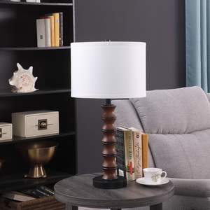 Coastal Modern Table <b>Lamp</b> With Wood Inspired Base White Drum Shade 27.5 Inches LED E26 Soft <b>Warm</b> Light Indoor Lighting - Product Image 5