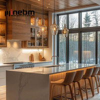 Meubles de cuisine modernes à fixation murale, îlot de 4 m, armoires de cuisine en bois brun foncé, meuble bas de cuisine avec emplacement pour micro-ondes