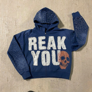 Sudadera con capucha personalizada con cremallera, ajuste cómodo, estilo urbano, con estampado gráfico de calavera con pedrería, para hombre, de tejido grueso y efecto desgastado - Product Image 2