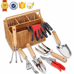 GT09A Cheap Price Stainless Steel Extra Heavy Duty Garden Hand Tools Kit with Wood Handle 8 Piece Garden Tool Set