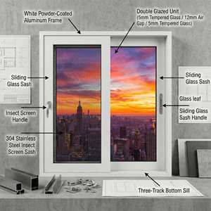 Système coulissant en alliage d'aluminium résidentiel, <span class=keywords><strong>vitrage</strong></span> isolant trempé à haute efficacité énergétique, fenêtre insonorisante avec moustiquaire - Product Image 6