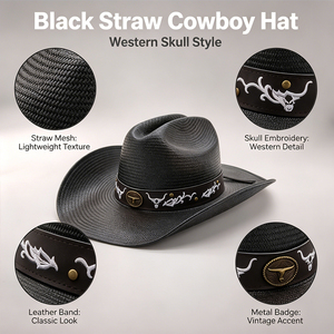 Cappello da Cowboy Traspirante in Carta con Ricamo Toro e Fascia in Pelle Scamosciata, Tesa Larga, Stile Casual Western, Cappello da Sole Estivo per Uomo Donna ODM/OEM - Product Image 2