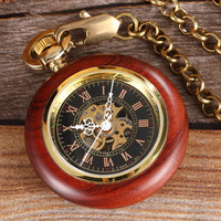 Montre de poche mécanique unique en bois, à remontage manuel, style steampunk, squelette, avec chaîne, chiffres romains, pendentif collier pour homme