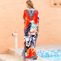 Gaun Pantai Maxi Rok Resort Bahan Polyester 100% Cetak Discharge Four-Way Stretch Gaya Eropa Amerika, Penutup Bikini Wanita