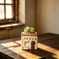 Pot à succulentes en céramique en forme de maison mignonne avec toit bleu et détails de fenêtre et de porte pour la présentation de plantes d'intérieur, décoration de la maison, article cadeau