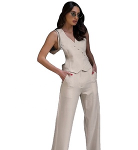 Completi Estivi con Pantaloni a Gamba Larga e Gilet in Cotone, Giacche e Pantaloni, Set Due Pezzi alla Moda, Abbigliamento Donna - Product Image 1