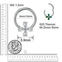 Anneau segmenté articulé en titane ASTM F136 G23, motif fleur de zircon multicouleur à quatre feuilles, pour septum nasal, hélix et cartilage des enfants