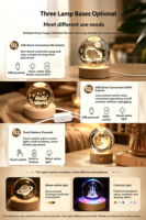 Boule de cristal 3D gravée créative transfrontalière avec base en bois illuminée – Décoration et cadeau pour Noël, Nouvel An, Halloween, Pâques