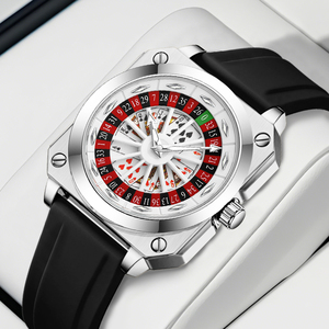 Montre pour homme de qualité supérieure, design unique avec cadran de roulette de casino, style jeu de cartes, montre-bracelet à quartz, bracelet en silicone doré - Product Image 4