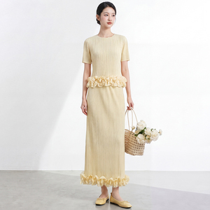 Women's Sleeveless Pleated Long <b>Dress</b> Suit With <b>Ruffles</b> Crew Neck Short Sleeve Elegant Spring Summer Full Length Regular Fit - Product Image 2