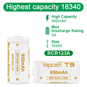 Vapcell Rcr123a 16340 T9 플랫 탑 3.7V 950mAh 고용량 충전식 배터리 CR123a 교체용 미니 선풍기 배터리 - Product Image 3