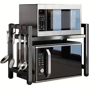 <b>Expandable</b> Kitchen Baker Rack Holder Countertop Microwave Storage Organizer Microwave Oven Rack Toaster Stand <b>Shelf</b> With Hooks - Product Image 1