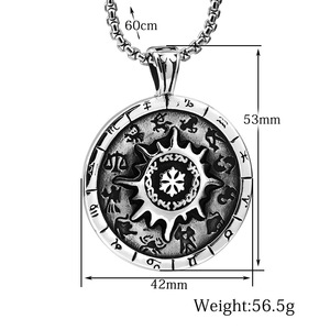 Stainless Steel Twelve <b>Constellation</b> Compass Pendant <b>Necklace</b> Men's Fashion Jewelry Gift Retro Style 60cm Chain - Product Image 5
