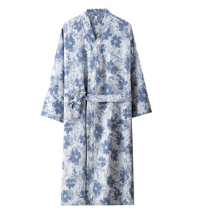Nouvelle robe de nuit ample en pur coton teint en fil, à lacets, respirante, à motif floral, pour <span class=keywords><strong>homme</strong></span>, printemps-été-automne, mi-longue, 100 % coton - Product Image 5