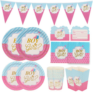 Ensemble de vaisselle et décorations modernes pour fête de révélation du sexe garçon ou fille : plateau, bannière, gobelets en papier et plateaux repas - Product Image 2