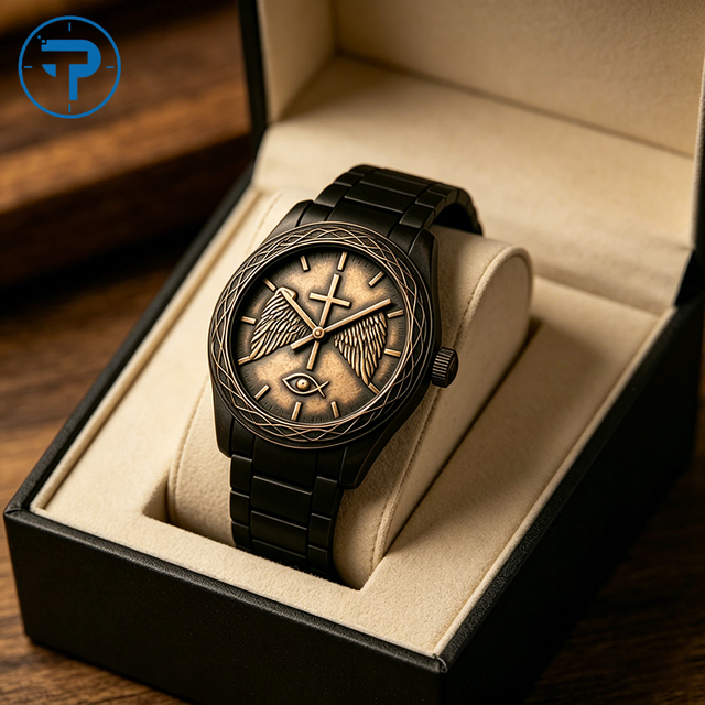 Vintage Bronze Christian Watch with 3D Angel Cross Dial Religious Faith Japanese Quartz Movement Wristwatch for Men Waterproof