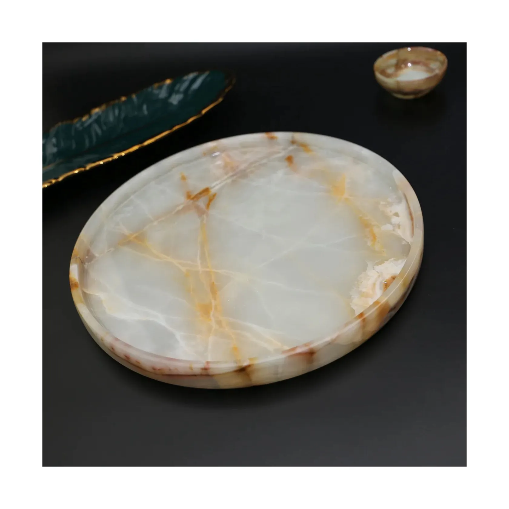 SHIHUI individuelles Design weißes Onyx-Dienstfach Naturstein Heimdekoration rundes Onyx-Tablett