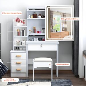 Led phòng ngủ bằng gỗ ánh sáng giá rẻ trang điểm bàn trang điểm, bàn trang điểm với đầy đủ chiều dài gương và ánh sáng ngăn kéo Vanity với phân - Product Image 4