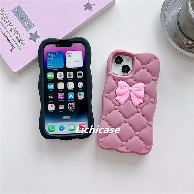 Lichicase Wavy Edge Rhombus 3D Bowknot Phone Covers for iPhone 15 15 Pro 15 Plus 14 Plus Silicone Case