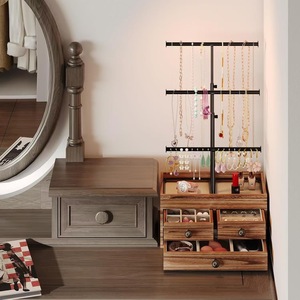 Support à bijoux en bois pour bureau, organisateur de rangement pour boucles d'oreilles et colliers avec tiroirs et barres de suspension pour usage domestique - Product Image 2