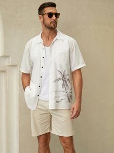 Camisa hawaiana con estampado de coco lavado vintage al por mayor, camisa de manga corta con botones para hombre, algodón orgánico ecológico - Product Image 4