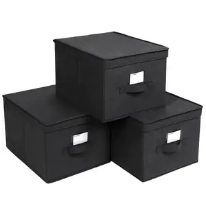 SONGMICS 3 pçs/set Dobrável Caixas De Armazenamento com Tampas De Tecido Cubos com Etiqueta Titulares Caixas De Armazenamento Organizador