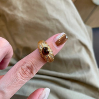 Vintage Gebürstete Kupfer-Serie Tigerauge Mikro-Eingelegter Zirkon Trendiger Luxus Breiter Stapelbarer Verstellbarer Offener Fingerring