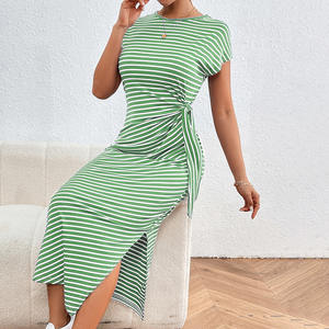 Nouvelle Robe Midi d'Été Respirante Coupe Droite Taille Haute Col Rond Fendue avec Lacets - Product Image 3