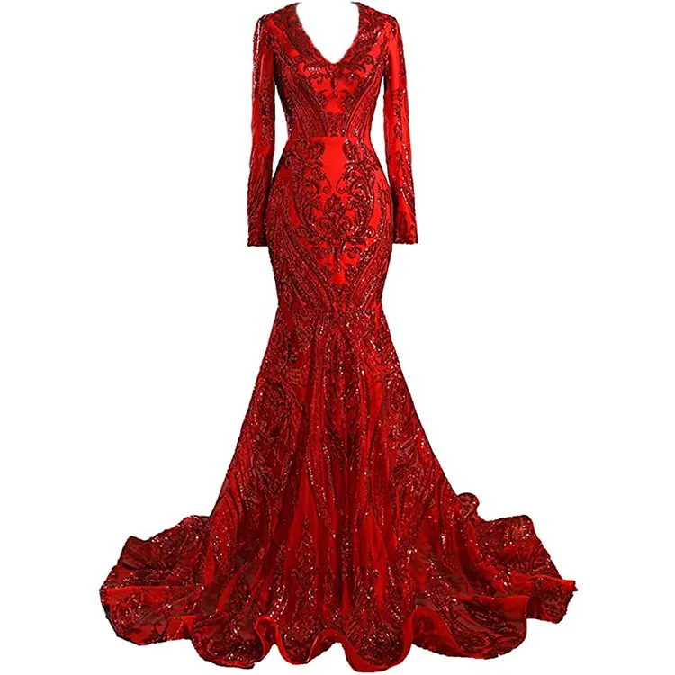 Robe de soirée rouge sirène à paillettes pour femmes, manches longues