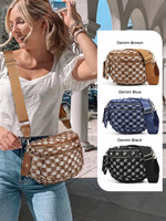Sac bandoulière en jean bleu à carreaux avec mini pochette à monnaie, sac messager décontracté en jean, sac banane avec large sangle réglable