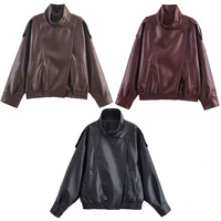 Veste bomber en cuir PU pour femme, col haut, style motard, fermeture éclair, manches longues, mode automne-hiver
