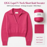 Pull en maille court à col en V et revers 12GG personnalisé OEM pour femme, vente en gros, marque privée, faible MOQ, échantillon rapide, tricot en vrac