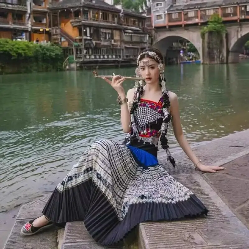Miao Hmong Women's Clothing Traditional Miao Handmade Silver Ethnic Girls' Dress National Embroidery Skirt Lady Clothing