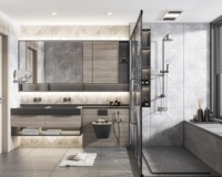 Meuble de salle de bain élégant et minimaliste en MDF imperméable avec double vasque en marbre et miroir