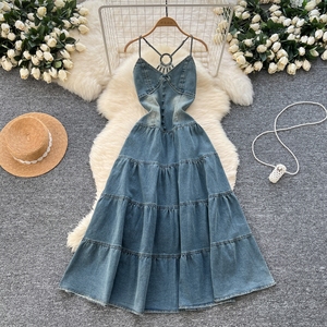 Vestido vaquero maxi casual de verano para mujer, sin mangas, con cuello de lazo, corte ajustado, espalda descubierta, negro, ecológico - Product Image 1