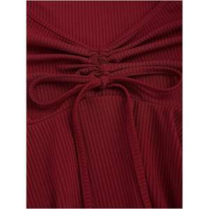 ชุดเดรสลำลองทรงเข้ารูปและบานออกด้านหลัง คอวี แขนยาว ผ้าถักสำหรับผู้หญิง ดีไซน์ผูกเอว ระบายอากาศได้ดี เหมาะสำหรับใส่ในชีวิตประจำวัน - Product Image 5