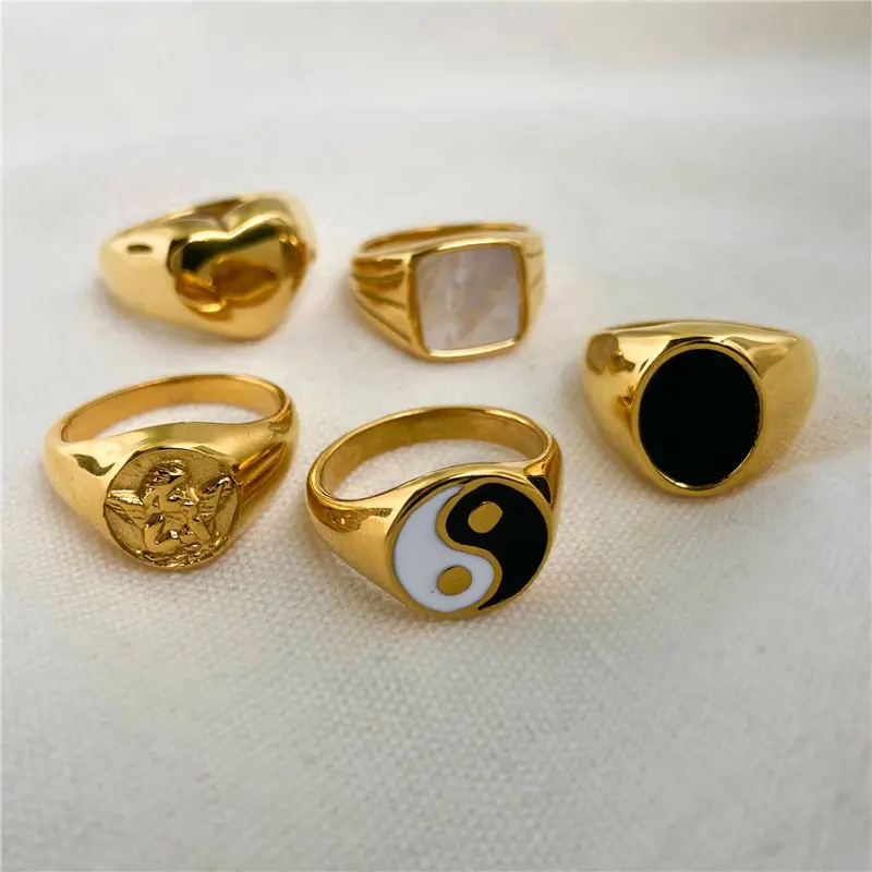 Plated Stainless Steel Shell Rings for Women Heart Shape Yin Yang Chunky Finger Rings Gold Latest Ring Designs Geometric 10pcs