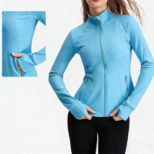 Vêtement de sport avec trous pour les pouces, veste de yoga pour femme, tenue de sport avec poches, pilates, fermeture éclair intégrale, bleu ciel, col montant, manches longues - Product Image 1
