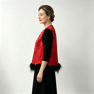 Red Floral Embroidered Women Tank <b>Top</b> Mandarin Vest Feather Trim Round Neck <b>Sleeveless</b> <b>Summer</b> Outerwear - Product Image 2