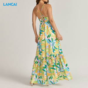 Logotipo personalizado de algodón con cuello en V Correa vestido con volantes de cintura suave Maxi vestido - Product Image 2