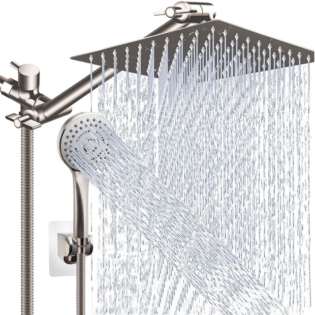 NES-1002 SUS304 Brushed Square Modern High Pressure 10-inch Rain Showerhead Combo Arm Detachable Dual Shower for Hotel Use